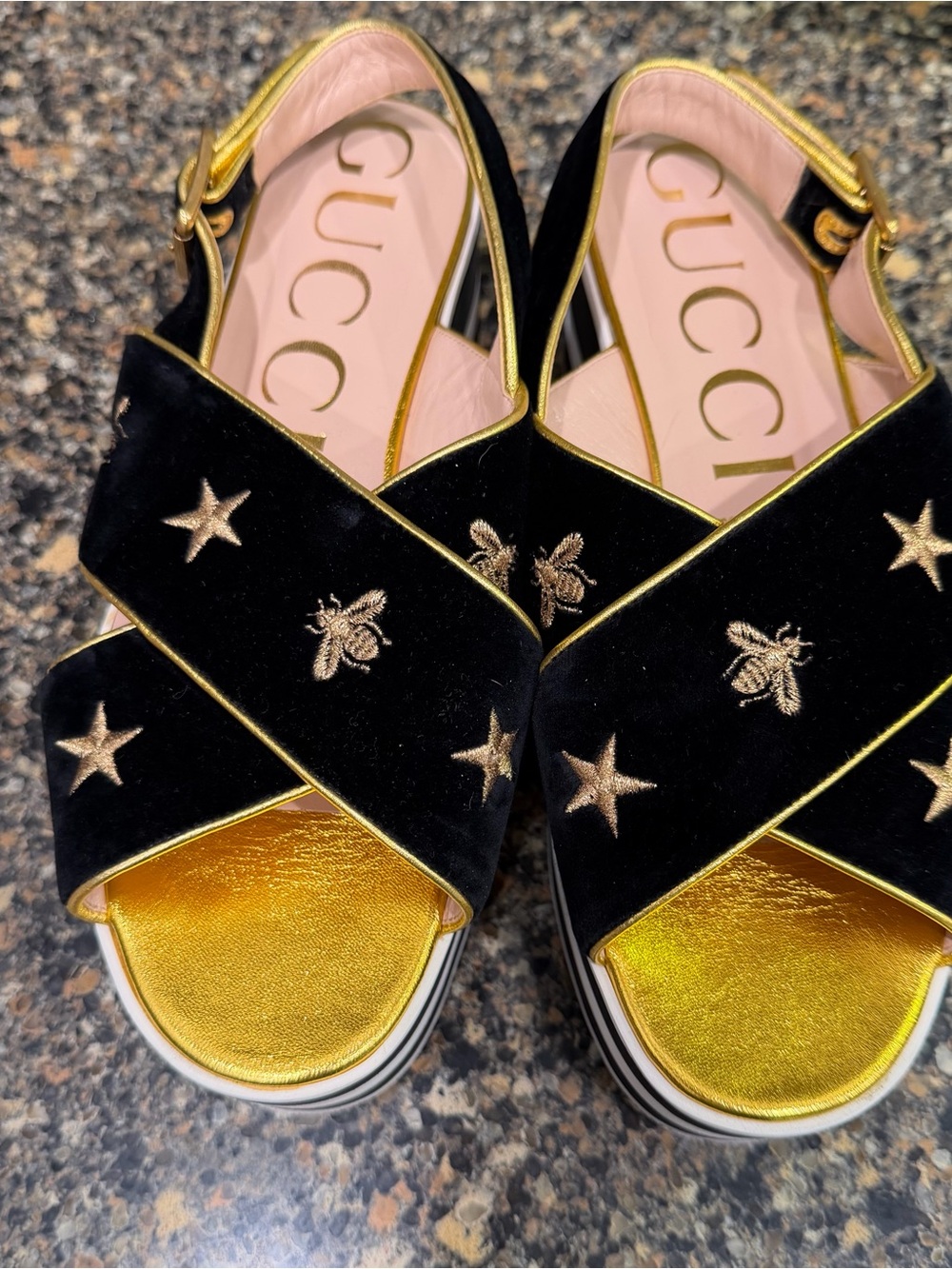 Gucci Black Velvet Platform Sandals with Gold Embroidery 38.5 - Picture 9 of 9